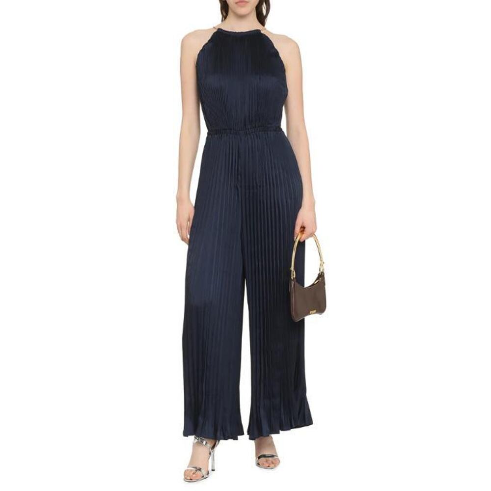 Michael Michael Kors Womens Pleated Wide Leg Jumpsuit Navy Size L 10877